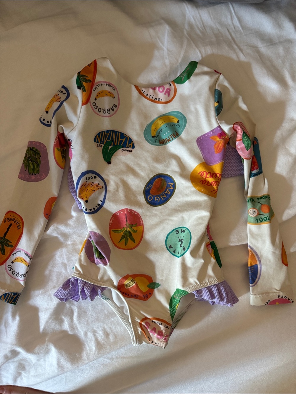 Gymboree Cream Long-Sleeve Fruit Medallion One-Piece with Purple Ruffle